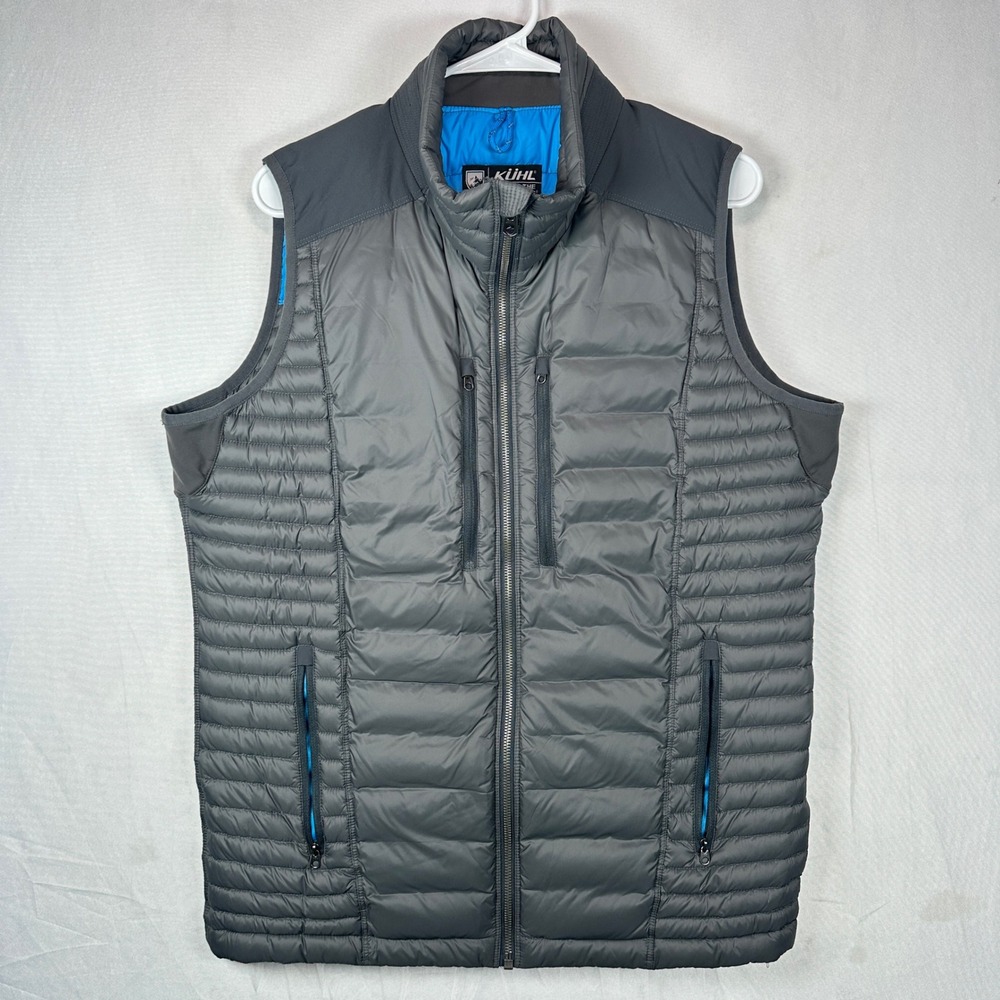Kuhl Projekt Spyfire Goose Down Vest Mens Medium Gray Blue Full Zip Quilted EUC